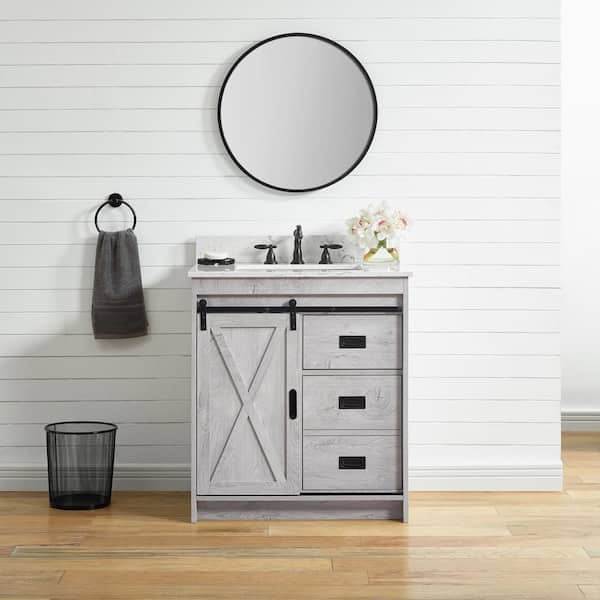 SUDIO Rafter 30 in. W x 22 in. D Bath Vanity in White Wash with Carrara White Engineered Stone Vanity Top with White Sink