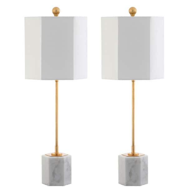 SAFAVIEH Magdalene 29 in. White/Gold Leaf Marble Table Lamp with White Shade (Set of 2)