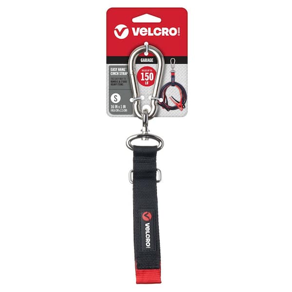 VELCRO 16 in. x 1 in. Easy Hang Cinch Strap, Bundling Strap with Carabiner, Black Hook and Loop (1-Pack)