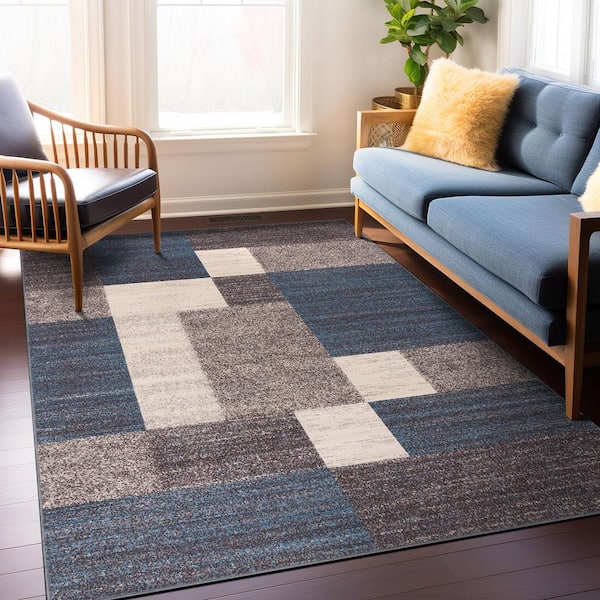 Geometric Boxes Design Non-Slip (Non-Skid) Blue 12 ft.  x 15 ft.  Indoor Area Rug