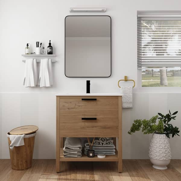 30 in. Freestanding Single Sink Plywood Bath Vanity in Imitative Oak with White Ceramic Top