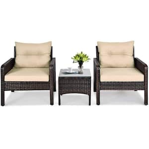 Brown 3-Pieces Wicker Outdoor Patio Conversation Set with Beige Cushions
