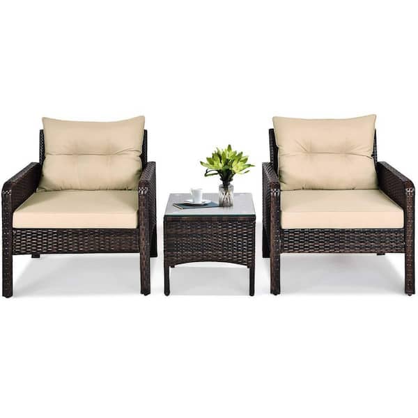 Alpulon Brown 3-Pieces Wicker Outdoor Patio Conversation Set with Beige Cushions