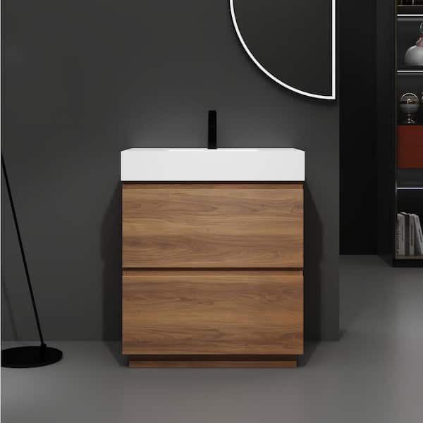 30 in. Single Sink Freestanding Brown Bath Vanity with White Resin Top, Bevel Handle, Drawer Slide Rail