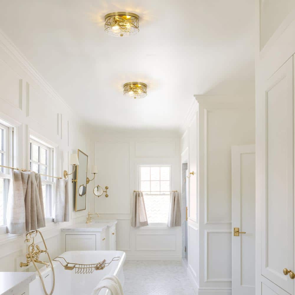 Gold 9.8" Flush Mount Ceiling Light with Hammered Glass Shade
