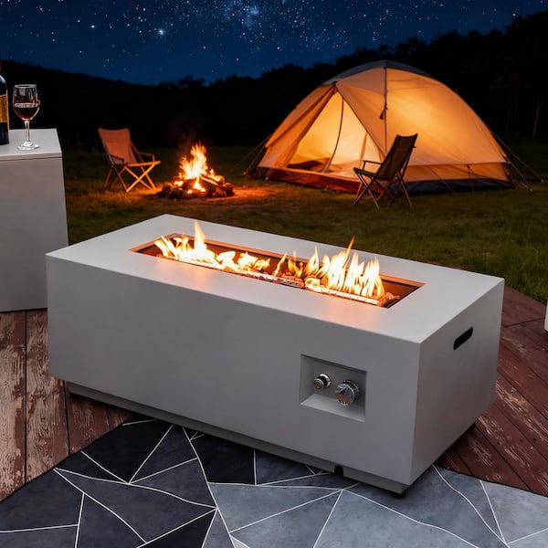 50000 BTU Rectangular Steel Fire Pit 42" Propane Gas Fire Pit Table Gray 2-Pieces for Outside with Glass Wind Guard