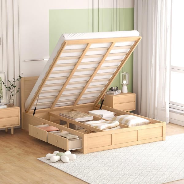 Polibi Brown Wood Frame Queen Size Platform Bed with Underneath Storage and 2-Drawers