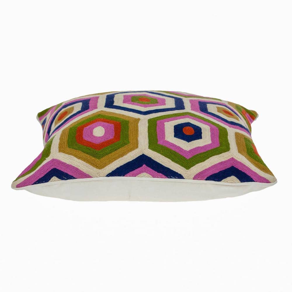 20" Multicolor Geometric Embroidered Cotton Throw Pillow