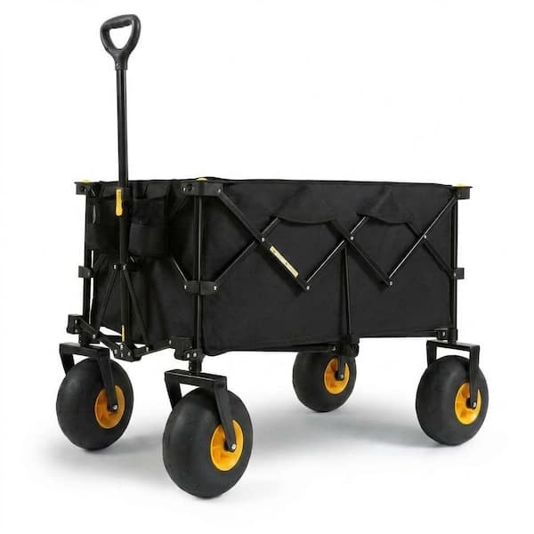 200L Plastic Bin Garden Cart with 600lb Super Capacity, 9in Sand-Proof Wheels, Adjustable Handle, Folds Flat