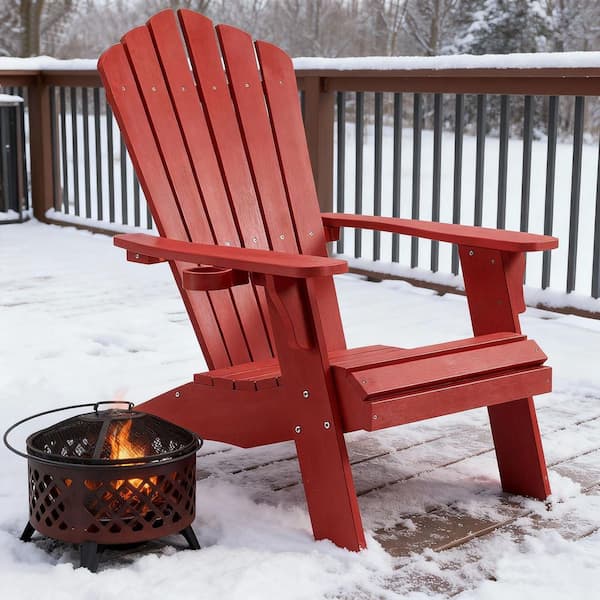 Red Oversized Adirondack Chair Fire Pit Chair with Cup Holder