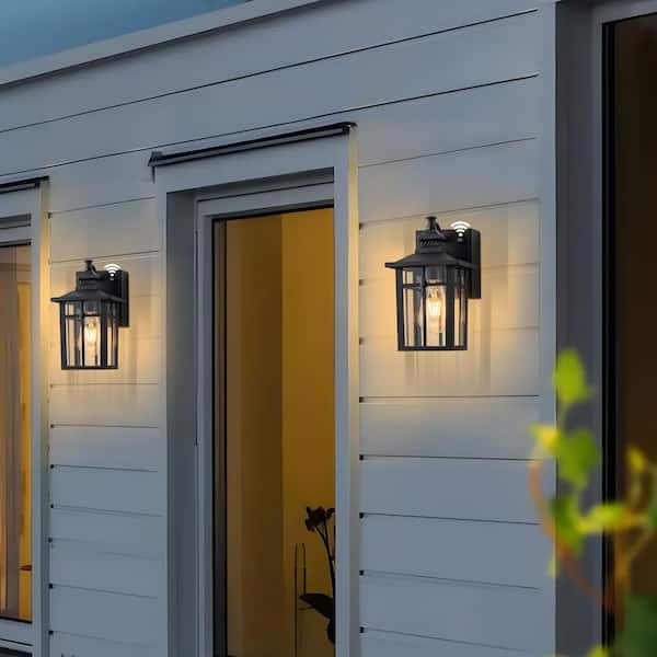 11 in. Matte Black Dusk to Dawn Outdoor Hardwired Wall Lantern Sconce with GFCI Outlet, No Bulbs Included
