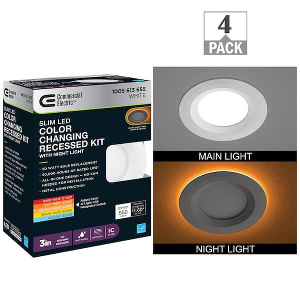 Commercial Electric 3 in. Canless Adjustable CCT Integrated LED Recessed Light Trim Night Light 550lms New Construction Remodel (4-Pack)