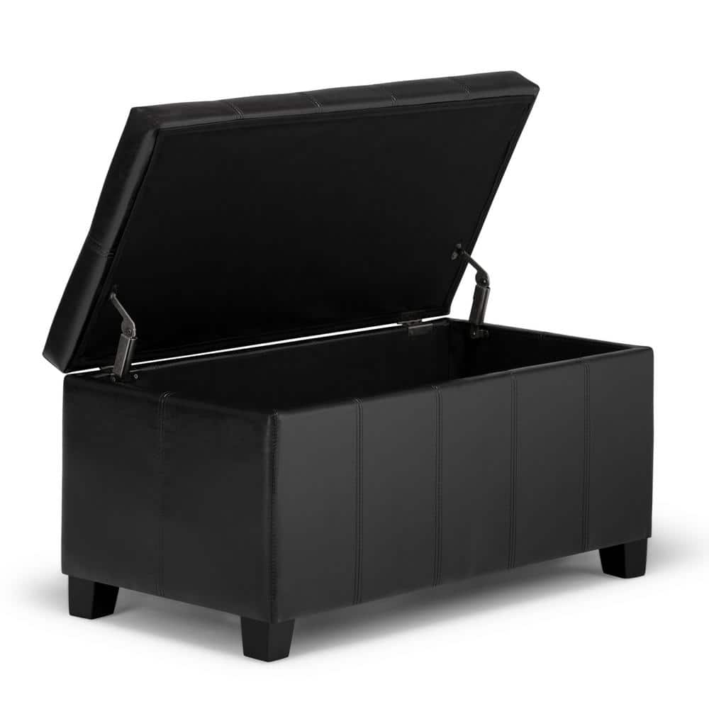 Midnight Black Faux Leather Rectangular Storage Bench Ottoman