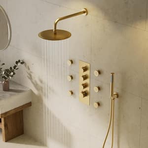 Luxury Thermostatic 7-Spray Wall Mount 12 in. Fixed and Handheld Shower Head 2.5 GPM in Brushed Gold