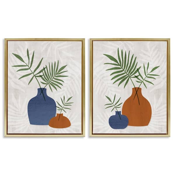Midcentury Palm Vases by Natalie Carpentieri 2-Pieces Gold Floater Frame Nature Graphic Art Print 31 in. x 25 in.