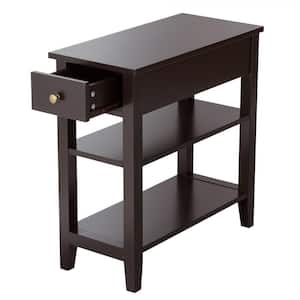 24 in. Coffee 24.5 in. 3-Tier Rectangular MDF End Table Nightstand with 1-Drawer and 2-Open Shelves
