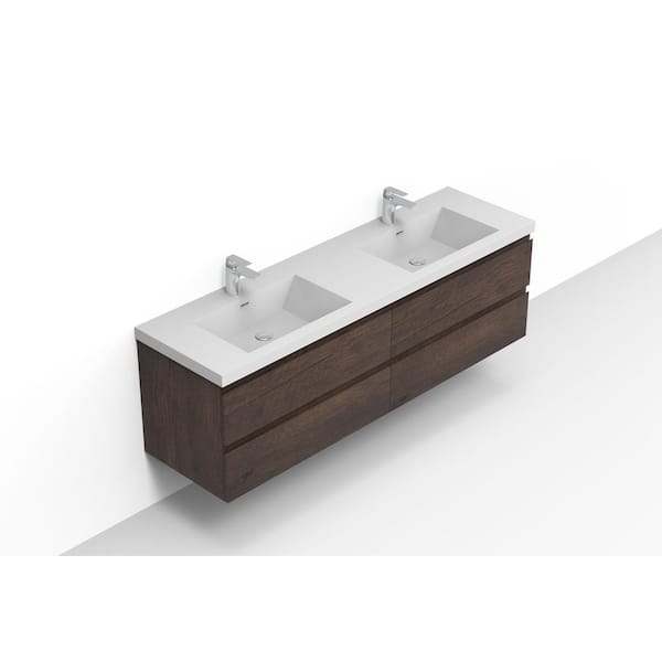Opvande Alice 72 in. W x 20 in. D x 22 in. H Double Floating Vanity in Rosewood with Solid Surface Sink Top in White