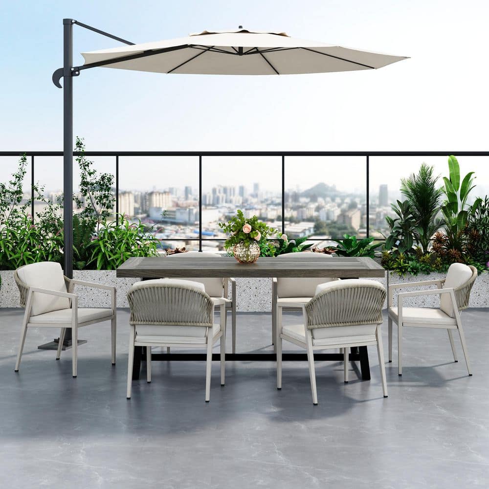7-Piece Metal Outdoor Dining Set with Gray Cushions, Gray Acacia Wood Dining Table price history on PriceWatchPro