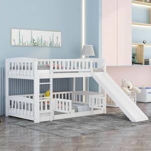 White Bunk Bed with Slide, Twin Low Bunk Bed with Fence and Ladder