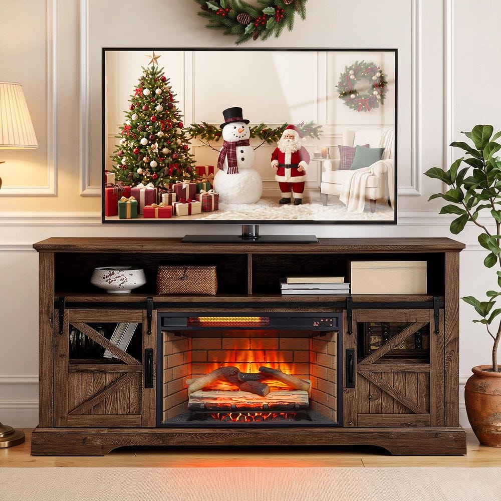 ToolCat 60 in. Freestanding Electric Fireplace TV Stand in Brown