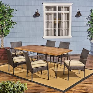 Clayton 29 in. Multi-Brown 7-Piece Metal Rectangular Outdoor Dining Set with Cream Cushions