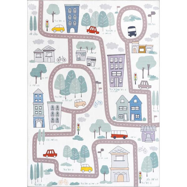 nuLOOM Chalea White Multicolor 8 ft. x 10 ft. Kids Town Machine Washable Area Rug