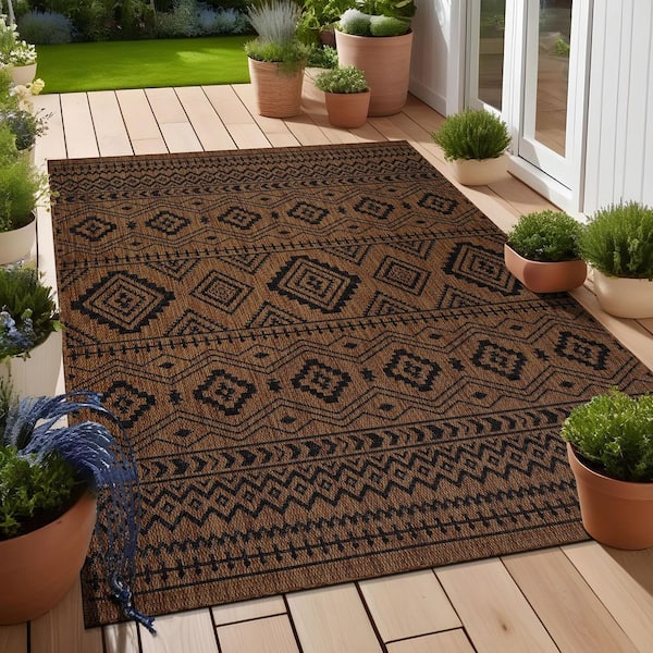 Waikiki Gold/Black 5 ft. x 7 ft. Moroccan Geometric Washable Modern Indoor Outdoor Area Rug