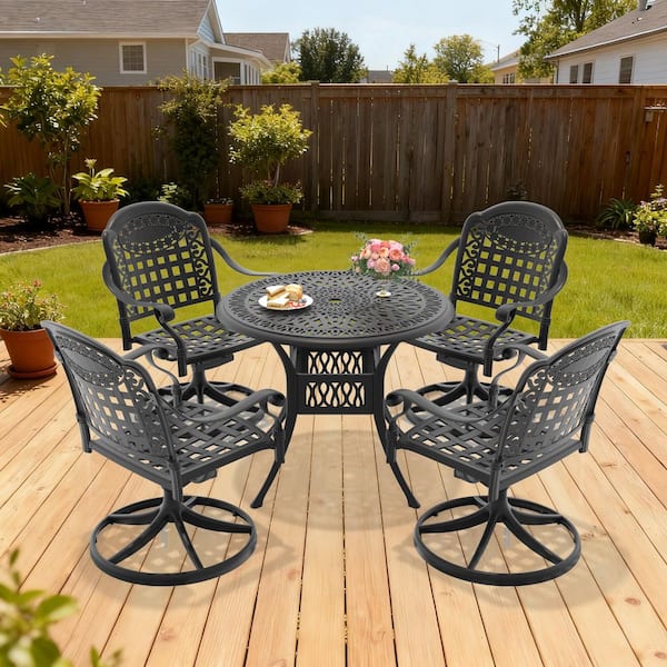 Black 5-Piece Cast Aluminum Patio Outdoor Dining Set with 4 Swivel Rockers with Blue Cushions and 35.43 in. Round Table