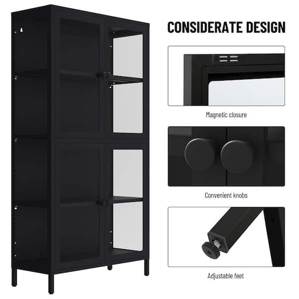 Unbranded 31.5 in. W x 12.6 in. D x 59 in. H Steel Metal Black Linen Cabinet with Glass Doors and Adjustable Shelves