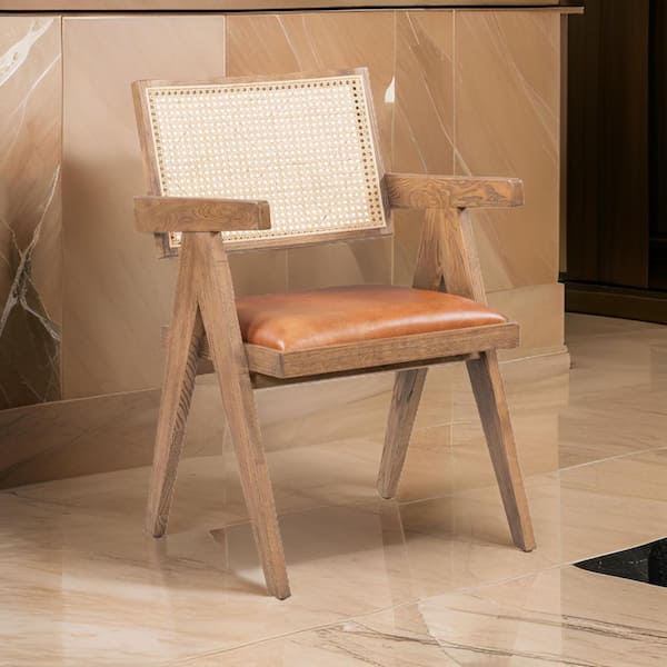 Benjara Tan Leather Wooden Frame Dining Chair