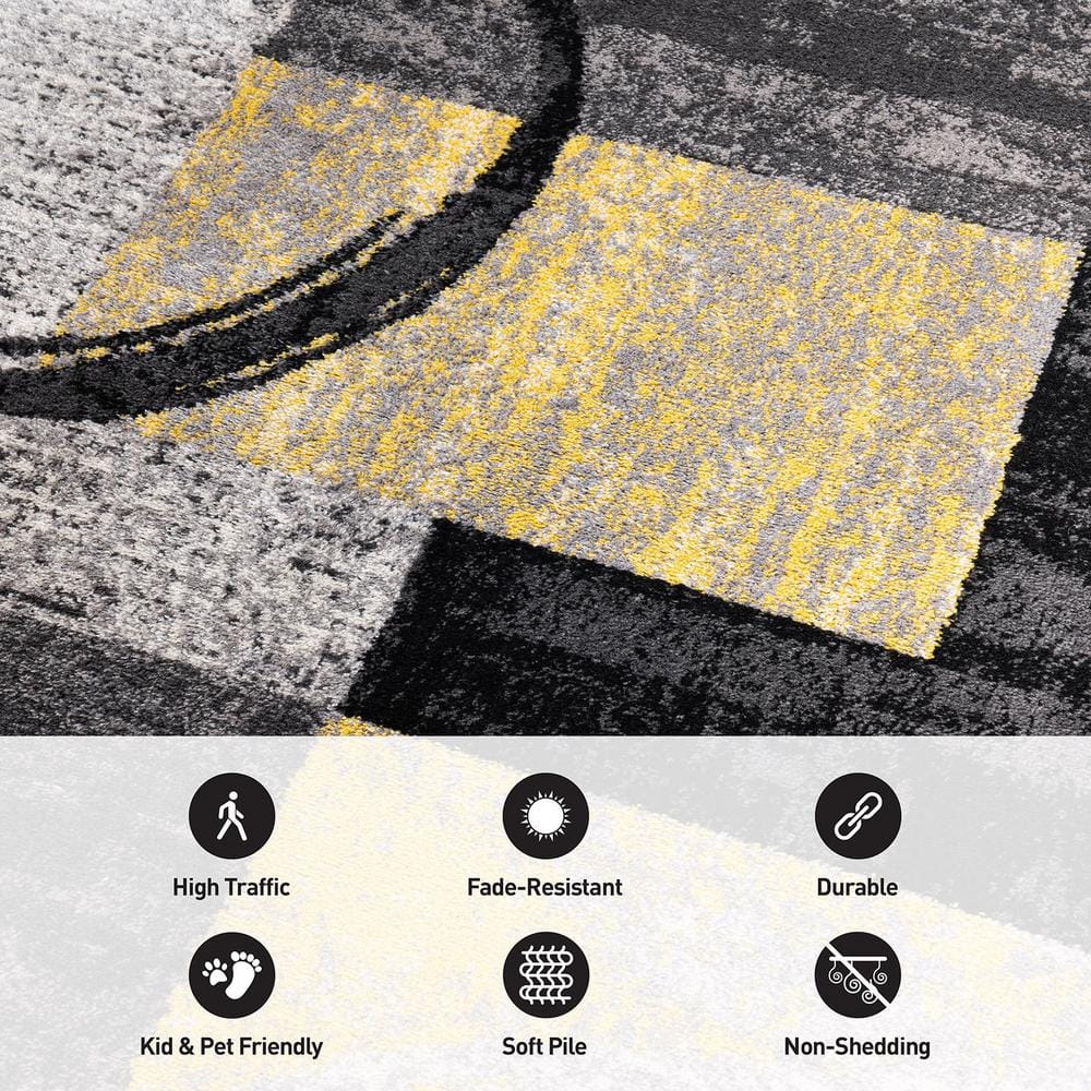 Yellow and Gray Abstract Circle Design Area Rug 2' x 3'