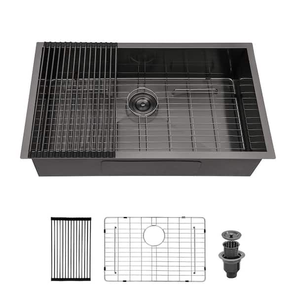 30 in. Undermount Single Bowl 18-Gauge Gunmetal Black Stainless Steel Kitchen Sink with Bottom Grids