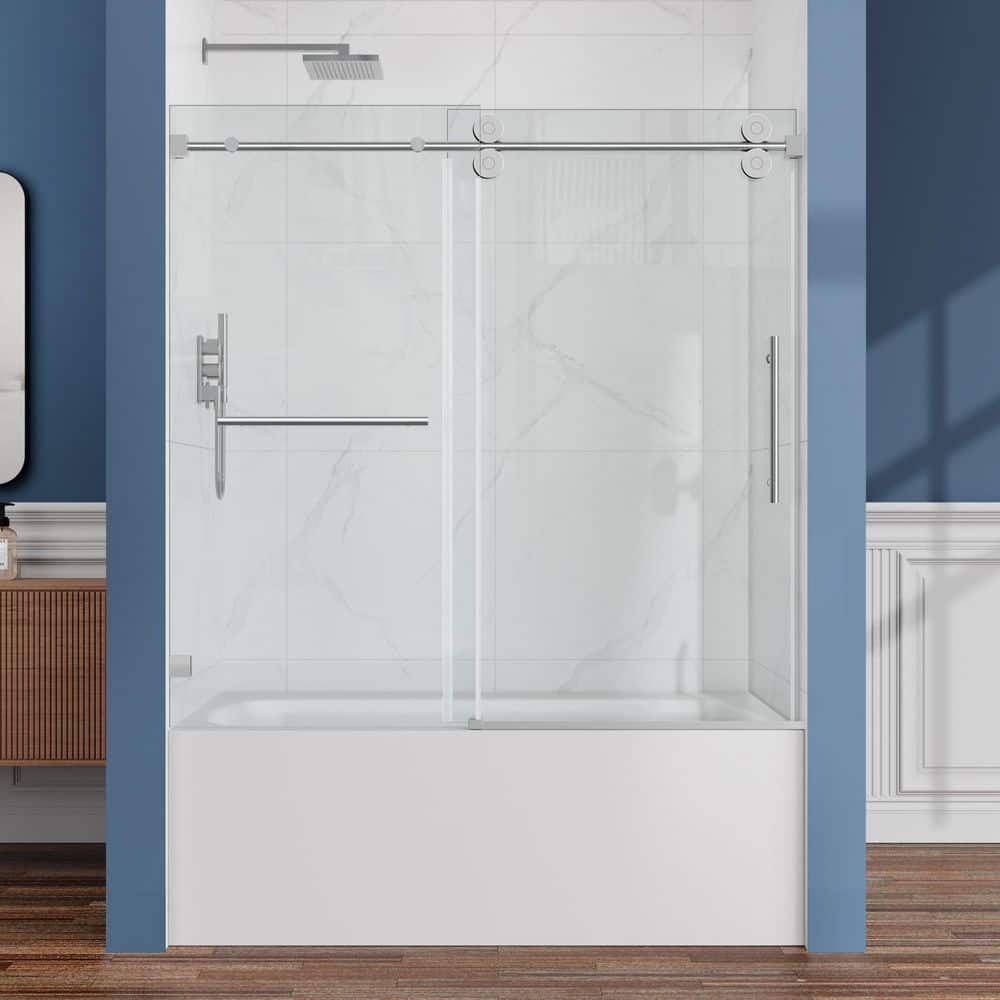 LASIHEM 56-61 in. W x 60 in. H Single Sliding Frameless Tub Door