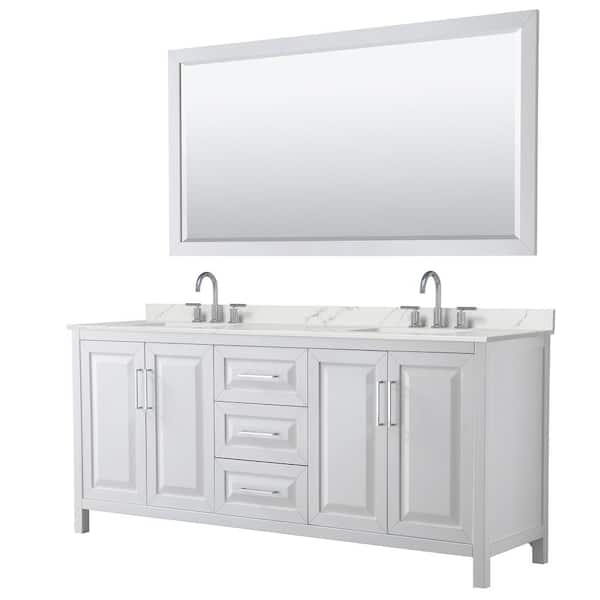 Wyndham Collection Daria 80 in. W x 22 in. D x 35.75 in. H Double Bath Vanity in White with Giotto Quartz Top and 70 in. Mirror