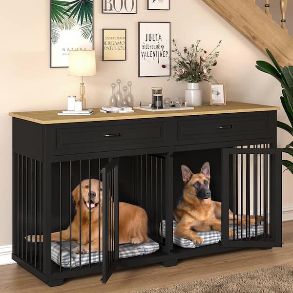 FUFU&GAGA Black Wooden Accent Storage Cabinet with 2-Drawer, Dog Crates Cage Furniture for Large Dog