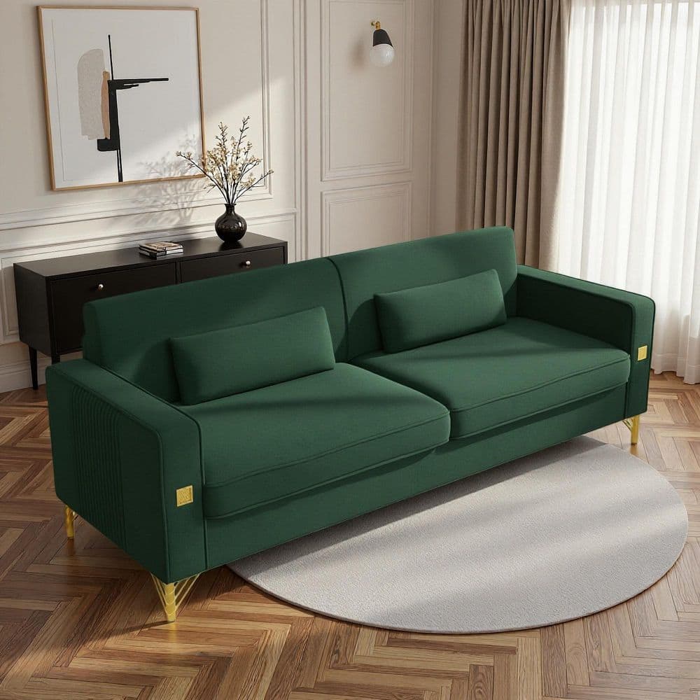 Ulema 85.63 in. W Square Arms Velvet Rectangle Sofa in Green with Gold Accents, Modern 3-Seat Couch with Plush Cushions price history on PriceWatchPro