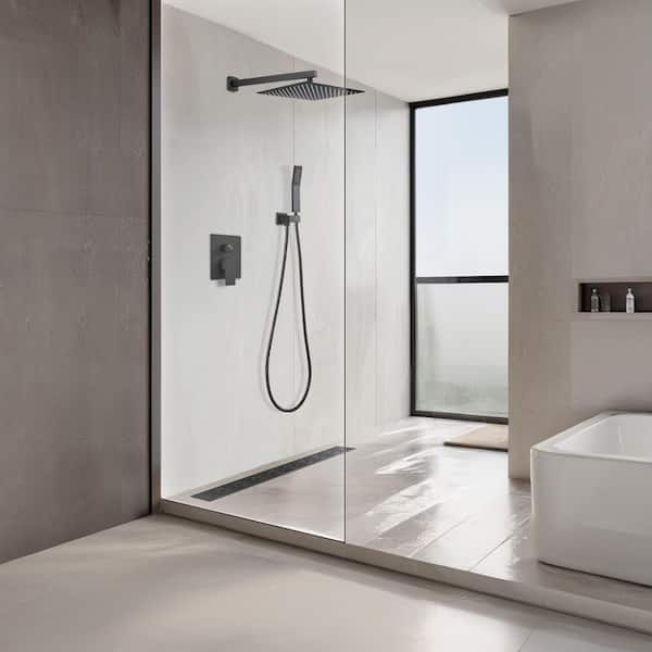 Rainfall 1-Spray Square 12 in. Shower System Shower Head with Handheld in Black (Valve Included)