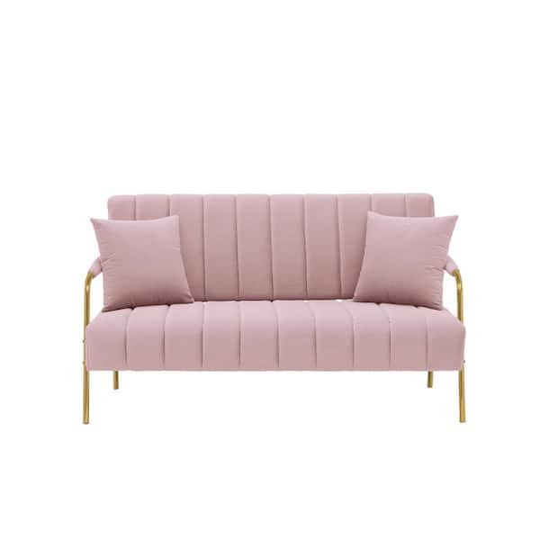 ZIRUWU 60.63 in. W Square Arm Velvet Straight Sofa in Pink with 2-Pillows