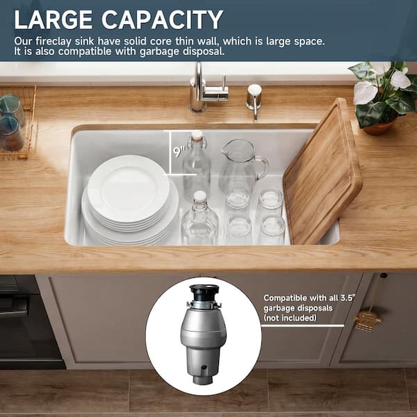 うちの聖水 Kuomih White Fireclay 32 in. Single Bowl Undermount/Drop-In