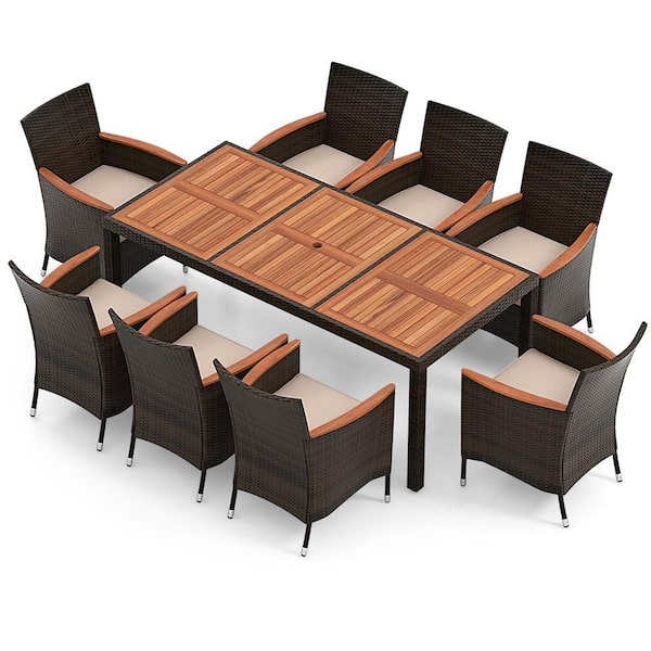 9-Piece Wicker Outdoor Dining Set Acacia Wood Table Top Umbrella Hole Chairs with Beige Cushions