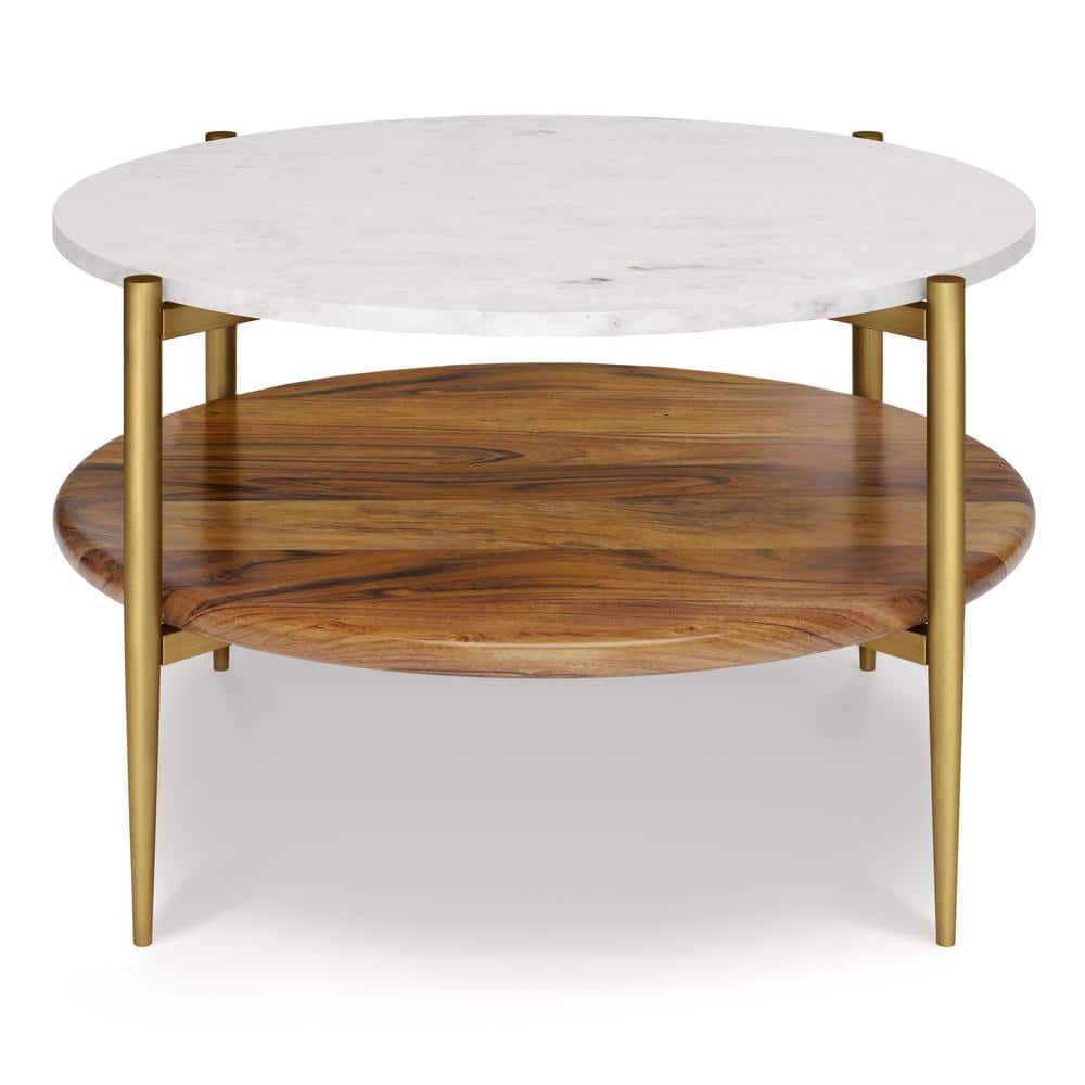 Wagner 30" Round White Marble and Natural Wood Coffee Table