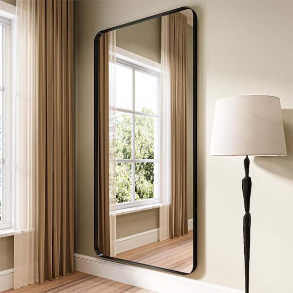 36 in. W x 72 in. H Rectangular Modern Wall Mount Mirror Black Aluminum Framed Full Length Mirror