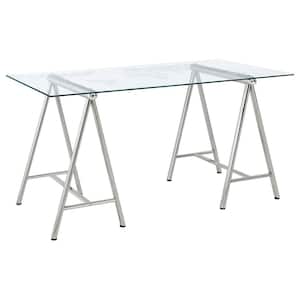 Patton 59 in. Rectangular Nickel and Printed Clear Writing Desk with World Map Top