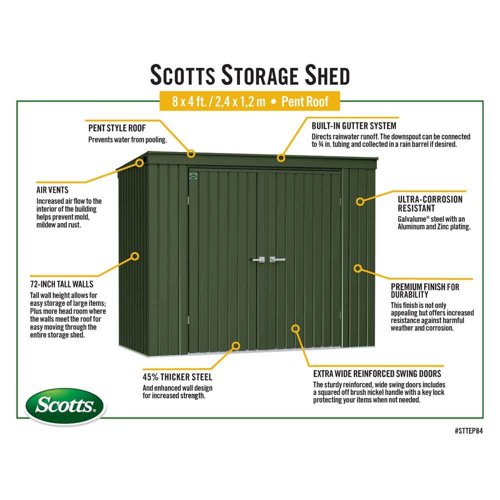 Scotts 8' x 4' Green Galvanized Steel Garden Storage Shed