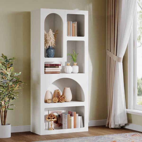 BYBLIGHT Eulas 70.9 in. Tall White Wood 5-Shelf Geometric Bookcase, Modern Open Art Decor ... - Geometric Patterned Textured Apartment Bookcase Decor