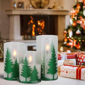 Green Christmas Tree Glass Flameless Candle with Remote, Timer and 3D Wick LED Flickering Pillar