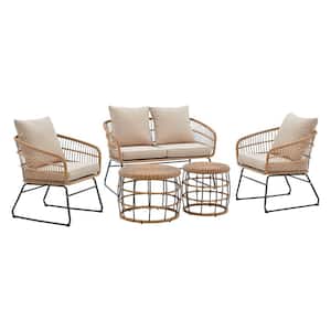 5-Pieces Wicker Rattan Outdoor Patio Furniture Conversation Set Includes 2-Piece Side Table and Beige Cushion