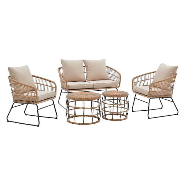 Barton 5-Pieces Wicker Rattan Outdoor Patio Furniture Conversation Set Includes 2-Piece Side Table and Beige Cushion