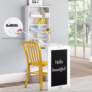 19.7 in. Rectangular Floating White Wood Fold Down desk Wall Cabinet with Chalkboard with USB outlet