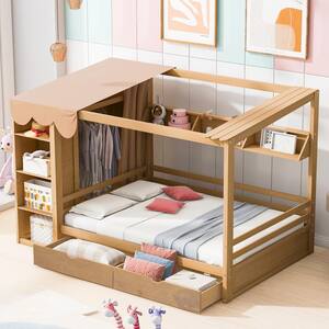 Multi-Functional Natural Full Size House Bed with Curtain Fabric Design, 2-Drawers, Wardrobe, Storage Shelves